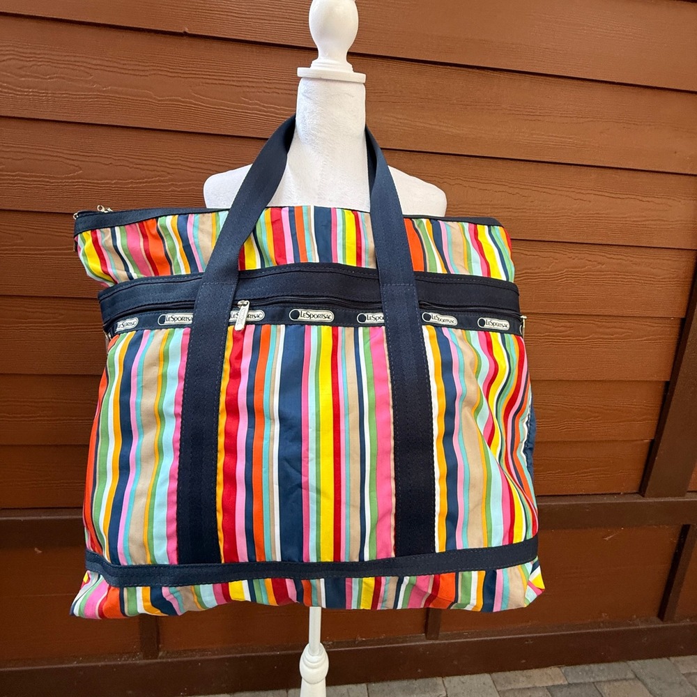 LeSportsac Weekender Bag Womens Large Multicolor Striped Nylon Travel Tote Pouch